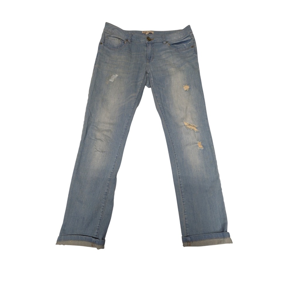 Cabi Jeans Womens Size 4 Light Wash Distressed‎ Straight Leg Cuffed Denim Blue